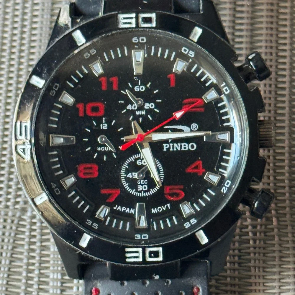 Pinbo Mens Sport Watch Black Red Japan Movt‎ Silicone Band Racing Style Analog